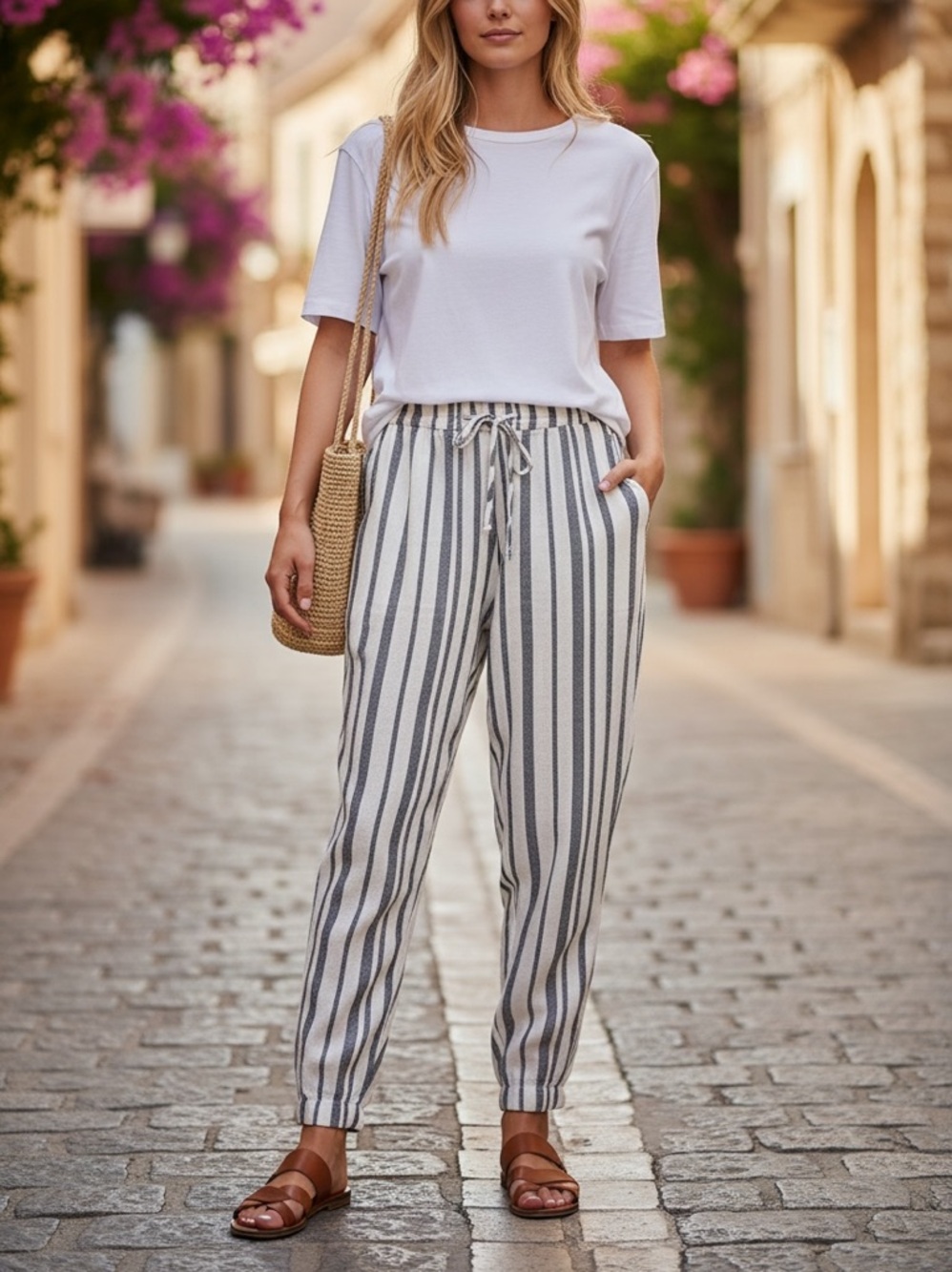 Ci Sono Navy White Striped Pull-On Pants Elastic Waist Lightweight Casual